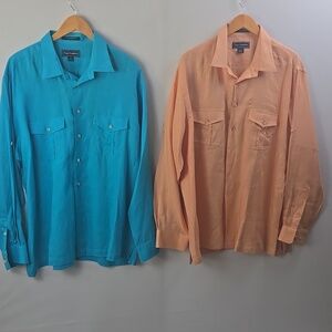 Paul Fredrick 100% Linen Button Down Shirt Lot-2 Sz XL Teal Blue Peach Casual